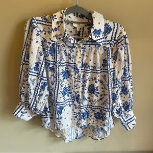 Pinch Floral Button Up Blouse Ruffle Long Sleeve Boho V Neck XS